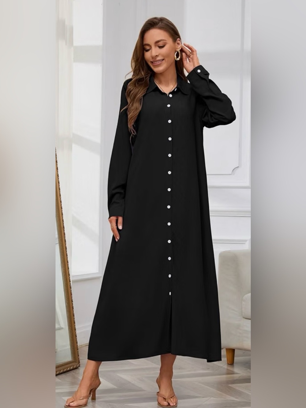 CHOUYATOU - Black Button-Front Long Sleeve Maxi Dress - Size Medium